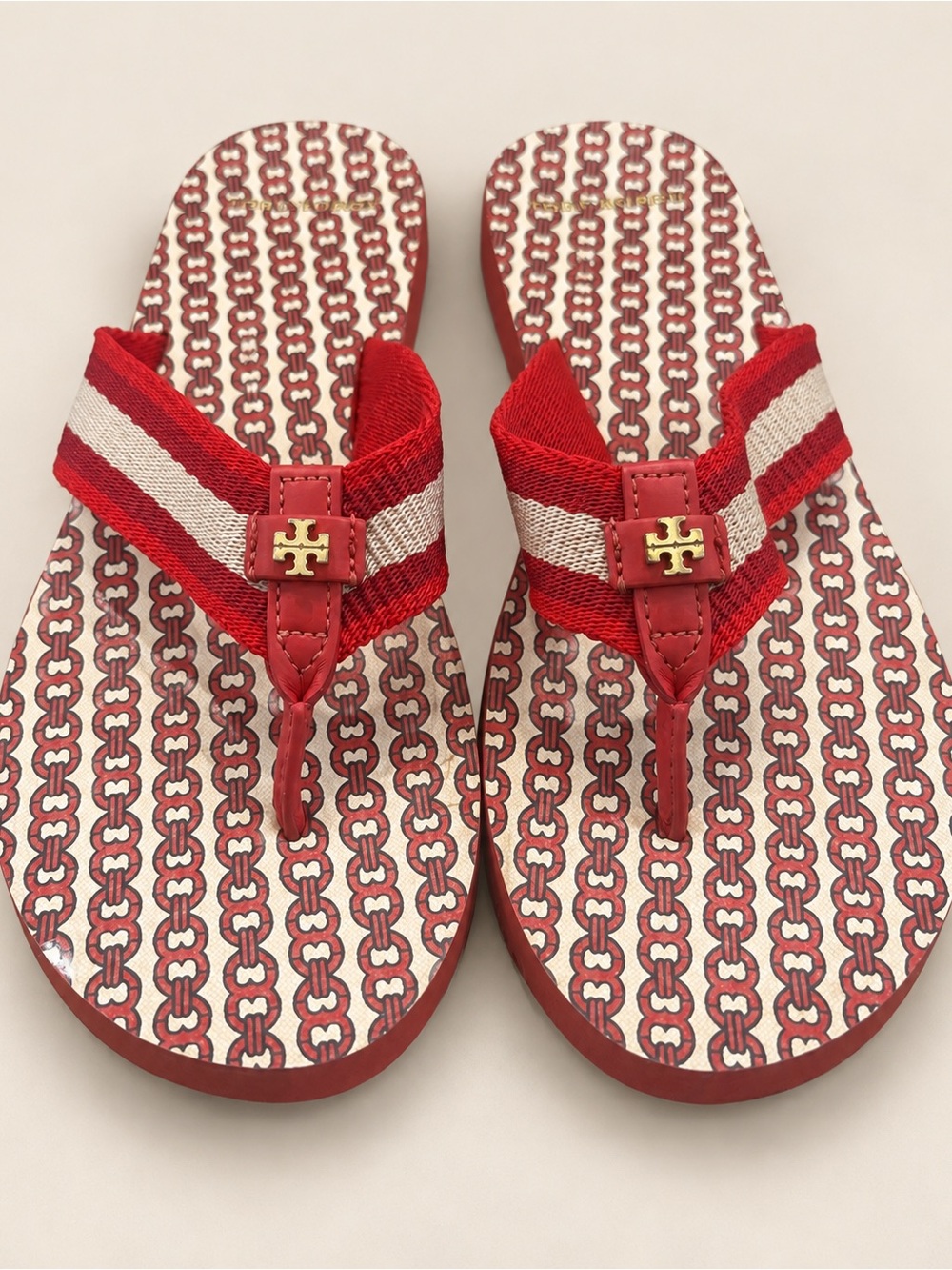 Tory Burch Gemini Link Thin Flip Flops Liberty Red/Cream Size 7